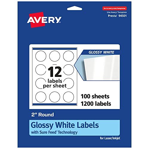 Avery Round Labels with Sure Feed, 2" Diameter, 1,200 White Glossy Labels (36498)
