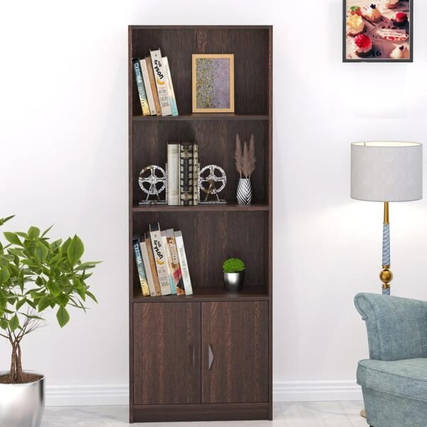 BLUEWUD Seonn Engineered Wood Bookshelf Crockery Storage Cabinet, Book Rack Organizer with Shelves for Décor Display & 2 Doors, Storage Unit for Office Library Home (Wenge, Without Drawer)