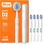 Bitvae Ultrasonic Electric Toothbrush for Adults and Kids, ADA Accepted Travel Toothbrush with Rechargeable 60-Day Battery Life, 5 Modes, 8 Heads, Case, Holder, Frost White