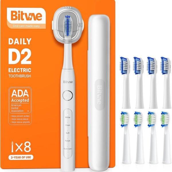 Bitvae Ultrasonic Electric Toothbrush for Adults and Kids, ADA Accepted Travel Toothbrush with Rechargeable 60-Day Battery Life, 5 Modes, 8 Heads, Case, Holder, Frost White