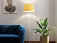 BlueBite Club Floor Lamp (Yellow) | 4.75 ft | Cotton Fabric Cone Shape | White Metal Base | White LED Bulb Included | Hidden Wire Design | Home Decor - Living Room, Bedroom & Office