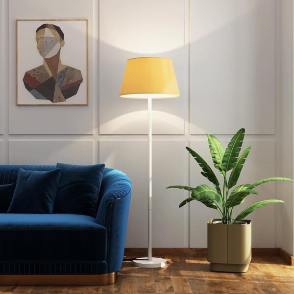 BlueBite Club Floor Lamp (Yellow) | 4.75 ft | Cotton Fabric Cone Shape | White Metal Base | White LED Bulb Included | Hidden Wire Design | Home Decor - Living Room, Bedroom & Office