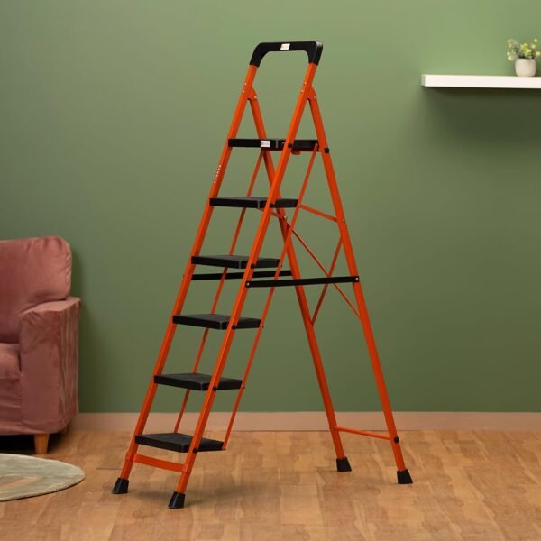 BonKaso Premium Steel Multipurpose Climb Easy Anti-Slip 6-Step Foldable Ladder with Safety Clutch Lock, Support Handle and Tool Tray for Home - (Orange & Black)