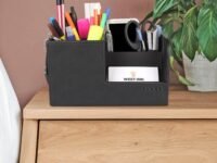CLADD INTERNATIONAL Vegan Leather Compact Office Desk Organizer Multifunctional Storage with 3 Compartment | Stationery Supplies | Business Card | Remote | Makeup Accessories | Mobile | Black