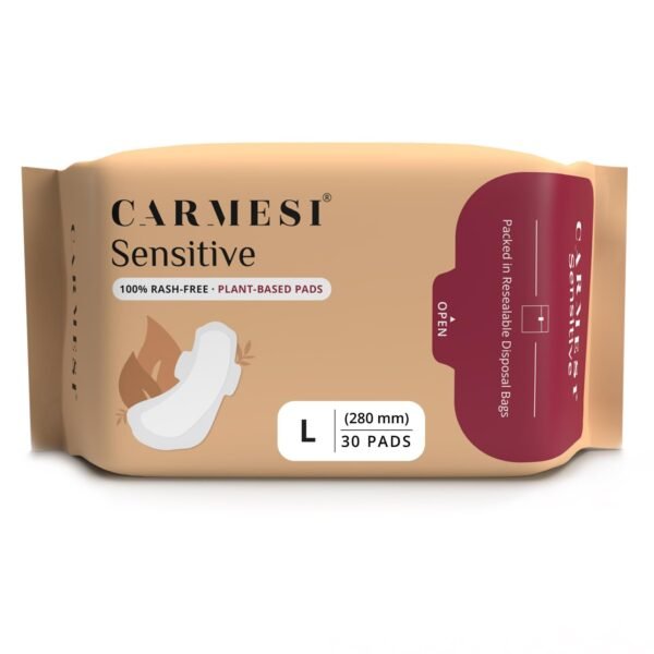 Carmesi Sensitive Sanitary Pads - Pack of 30 Pads (Large) - Certified 100% Rash-Free by Gynecologist - Natural Plant Top Sheet - No Fragrance, No Chlorine - With Disposal Bags