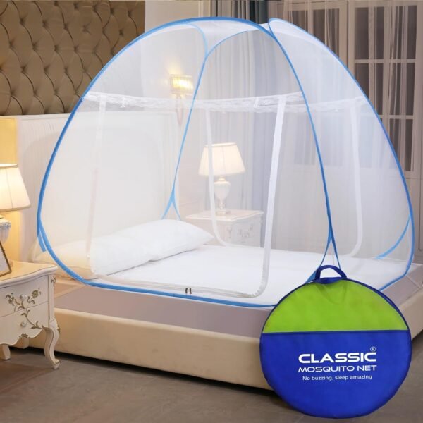 Classic Mosquito Net for Double Bed (Queen Size 78.74 x 66.92 x 55.11 Inch) Foldable Polyester 30GSM Strong Net|PVC Coated Corrosion Resistant Steel Wire – Blue