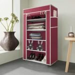 Collapsible Portable Foldable Wardrobe Storage Shelves Organizer for Clothes Racks Fabric Almirah Non Rustable Iron Storage Unit (5 Layer) (Maroon)