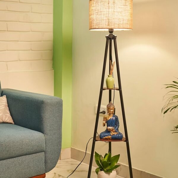 Crosscut Furniture LED Tripod Floor Lamp with 3 Shelves, Brown Jute, Metal Corner Floor Lamp, for Decoration and Gifting