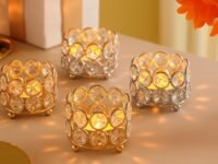 Crystal Tealight Candle Holder for Home Decoration, Diya Diwali Decoration Items Small T Lites Christams Diya Votives -Return Gift for Wedding Table Decor (Gold (Pack of 4)