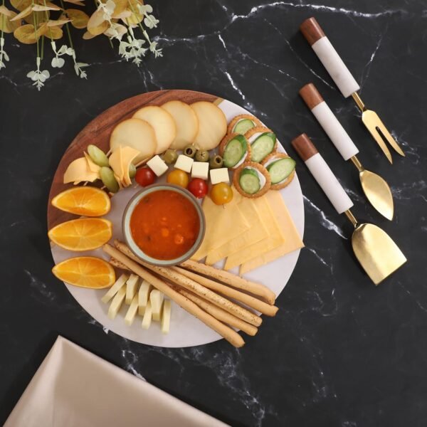 DREAMY WALLS Marble Cheese Board with Wooden Thick Brass Inlay - 3 Knife Set Included Round Charcuterie Board Platter Serving Tray - Gift for Housewarming Thanksgiving Wedding, Birthday - 29.5 cm