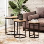 DecorNation Hexagon Shape Harmony Nesting Trio Tables (Set of 3) - Rich Wood Table Top with Solid Metal Legs