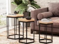 DecorNation Hexagon Shape Harmony Nesting Trio Tables (Set of 3) - Rich Wood Table Top with Solid Metal Legs
