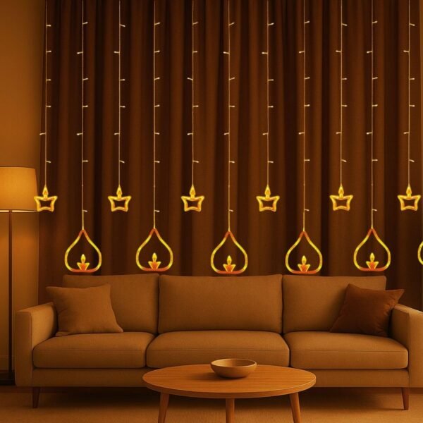 Desidiya® Diya Lights Diwali String Curtain Lights – Warm White Indoor & Outdoor Lights for Home, Wall, Window, Indian Wedding, Garden, Bedroom, Christmas, Party, and Festive Decor- Corded Electric