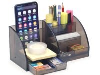 Desk Organizer, 7 Compartment Stationary Organizer- Office Table Accessories- Paper Weight/Pen Holder- Pen Stand for Office Table Stylish (Polycarbonate), Smoky Black
