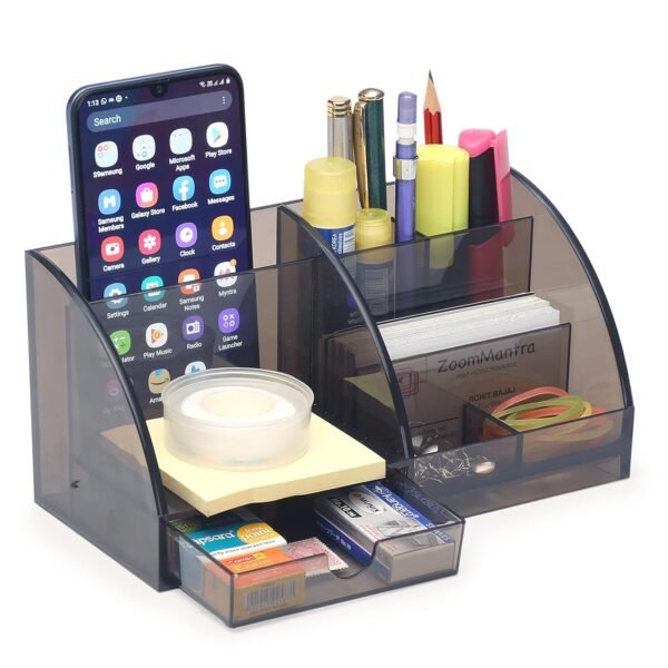 Desk Organizer, 7 Compartment Stationary Organizer- Office Table Accessories- Paper Weight/Pen Holder- Pen Stand for Office Table Stylish (Polycarbonate), Smoky Black