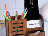 Deskart Desk Organizer With Drawer, Business Visiting Card & Mobile Holder | Multipurpose Wooden Pen And Pencil Holder Stand For Office Desk And Study Table