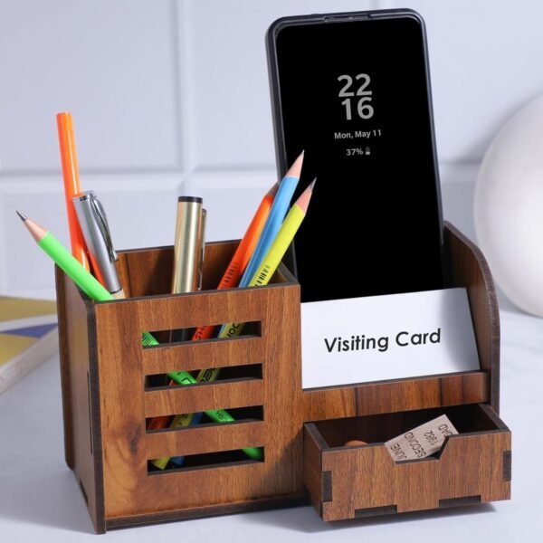 Deskart Desk Organizer With Drawer, Business Visiting Card & Mobile Holder | Multipurpose Wooden Pen And Pencil Holder Stand For Office Desk And Study Table
