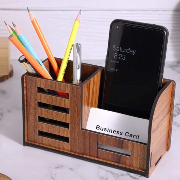 Deskart Pen Holder for Table Stylish | Wooden Pen Stand With Mobile and Visiting Card Holder for Office Desk and Study Table | Multipurpose Desk Organizer Aesthetic Accessories