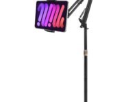 Dyazo Adjustable Floor Stand with 360° Rotating Gooseneck Long Arm | Dual Mobiles & Tablets Holder with Stable Base | Fits 5.5-10 Inch Compatible with Tablets, Galaxy Tab and Mobile Phones (Black)