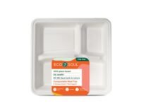 ECO SOUL [3-Compartment, 25 Pack Disposable Meal Tray | Compostable Bagasse Plates | Eco-Friendly Biodegradable Dinner Plates | Party, Wedding, Event Plates | Square, White