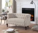 Elissa Solid Wood Rolled Arm Curved Chair in Linen Upholstery (Beige). (Beige, 2 Seater)