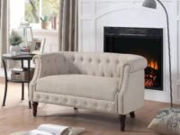 Elissa Solid Wood Rolled Arm Curved Chair in Linen Upholstery (Beige). (Beige, 2 Seater)