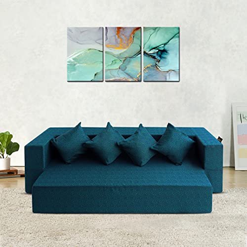 FRESH UP 4 Seater Sofa Cum Bed Polycotton Fabric 78x44x10 Inches Washable Cover with 4 Cushions, Low Floor Seating (Blue-Green, 78x44x10inches | 4 Sits and 2 Sleeps) 4-Person Sofa