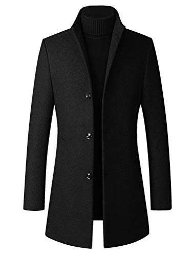 FTCayanz Men's Trench Coat Wool Blend Slim Fit Top Coat Single Breasted Business Overcoat Black Medium