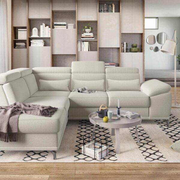 Fabrique Imperial L-Shape Corner 5-Seater Fabric Sofa Set | Adjustable Headrest - Stylish, Luxurious Furniture for Home Office & Living Room | Stainless Steel Legs for Easy Moving - Light Cream (RHS)