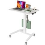 Gibbon Mounts Mobile Standing Desk, Pneumatic Height Adjustable Rolling Table for Laptop and Computer, Portable Sit Stand Desk with Wheels and Hook, White