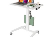 Gibbon Mounts Mobile Standing Desk, Pneumatic Height Adjustable Rolling Table for Laptop and Computer, Portable Sit Stand Desk with Wheels and Hook, White