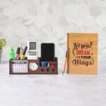 Gift Kya De Desk Organizer with Wooden Diary, Bamboo Pen, 2026 Calendar, Clock, and 4 Compartments - Elegant Wooden Table Organizer for Office and Home Use (Combo 1)
