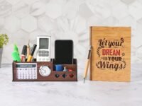 Gift Kya De Desk Organizer with Wooden Diary, Bamboo Pen, 2026 Calendar, Clock, and 4 Compartments - Elegant Wooden Table Organizer for Office and Home Use (Combo 1)