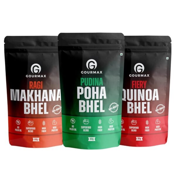 Gourmax High Protein & Fibre Bhel Snacks Pack | Ragi Makhana Bhel 60g & Pudina Poha Bhel 70g & Fiery Quinoa Bhel 80g | Healthy Crunchy Mixture | Pack of 3
