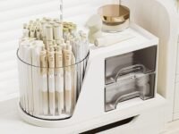 HOME CUBE Rotating Desk Organizer with Drawer, Bathroom Organizer, 360° Rotating Desktop Organizer For Office Supplies Stationery Pens Staplers Clips Sticky Notes Visiting Card - White