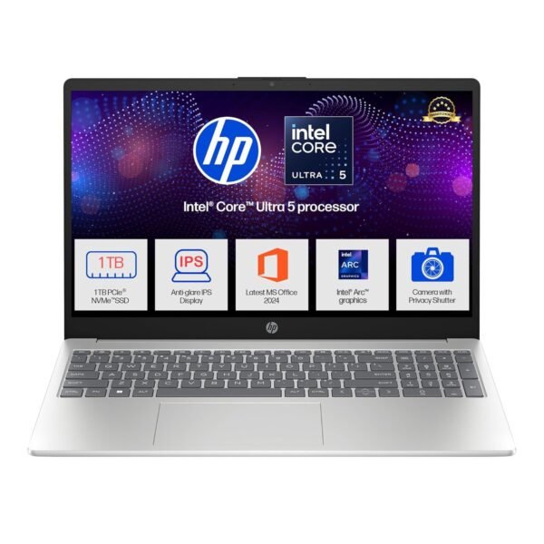 HP 15, Intel Core Ultra 5 125H (16GB DDR5, 1TB SSD) FHD, IPS, 15.6''/39.6cm, Win11, M365 Basic(1yr)*Office24, Silver, 1.65kg, fd1354TU, Intel Arc Graphics, FHD Camera w/Shutter, AI Powered Laptop