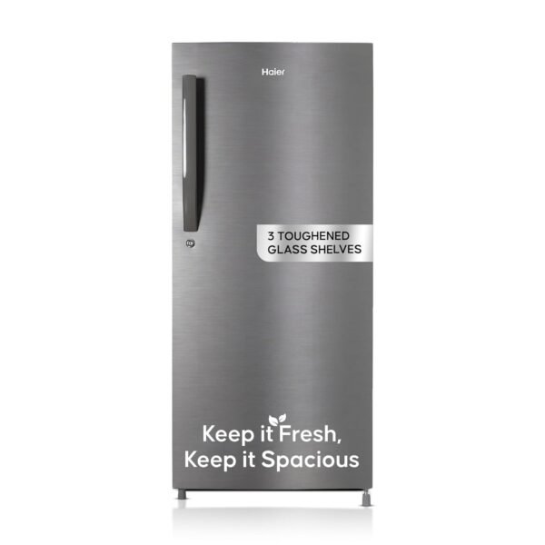 Haier 190L 5 Star Direct Cool Single Door Refrigerator | 3 Toughened Glass Shelves | Fast Ice Making in Just 60 minutes | Large Veg Box| Easy Clean Back (HED-205DS-P, Dazzle Steel)