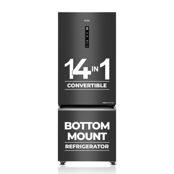 Haier 325 L 3 Star Frost Free Bottom Mount Double Door Refrigerator|Convertible 14-in-1|Jhukna Mat-Bottom Freezer|Digital Display Panel|Triple Inverter|Twist Ice Maker (HEB-333GB-P, Graphite Black)