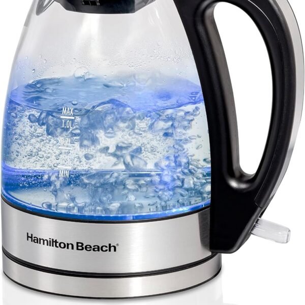 Hamilton Beach Glass Electric Tea Kettle, Water Boiler & Heater, 1 Liter, 1500 Watts for Fast Boiling, BPA Free, Cordless Serving, Auto-Shutoff & Boil-Dry Protection, Soft Blue LED (40930)