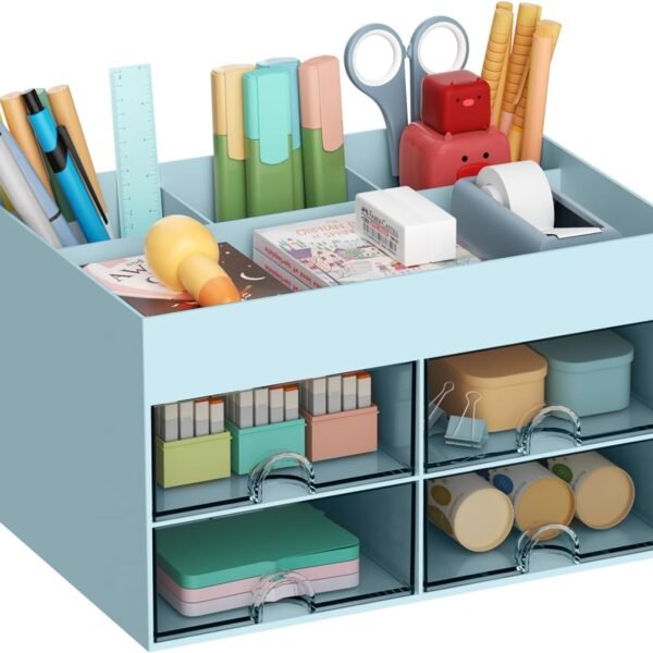 Home Cube Multi-Functional Desk Organizer With 4 Compartments & 4 Pull Out Drawer Desktop Office Supplies Stationery Storage Box Cosmetic Organizer For Pens Staplers Clips Sticky Notes-Blue-Plastic