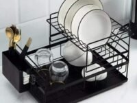 HomeCloud Kitchen Dish Rack Steel |Dish Drainer | Drying Rack with Removable Drain Board, Rack 2-Tier Large, Size(43L x 31W x 18H cm), Alloy Steel, Black (Black)
