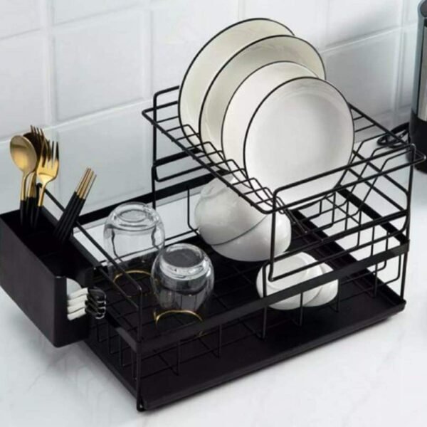 HomeCloud Kitchen Dish Rack Steel |Dish Drainer | Drying Rack with Removable Drain Board, Rack 2-Tier Large, Size(43L x 31W x 18H cm), Alloy Steel, Black (Black)