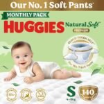 Huggies Natural Soft Premium Baby Diaper Pants, Our No.1 Soft Pants, Small (S) Size (4-8 Kgs), Monthly Pack of 140 diapers | Cloud Softness All over with India's 1st Cloud Touch BeltTM