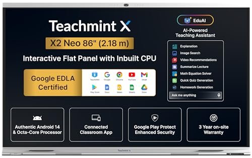 Interactive Flat Panel with Inbuilt CPU 86 Inch (2.17m) | Google EDLA | X2 86 Neo Interactive Whiteboard Android 14 | 8GB, 128 GB | Inbuilt Camera & mic, Octa-Core | Digital Board for Classrooms