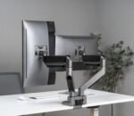 Jin Office Heavy Duty Dual Monitor Stand with Gas Spring Height Adjustment for 13-35" Monitors | Adjustable Double Monitor Arm | 2 Monitors Desk Mount | 15 KG Weight Capacity per Arm (Premium Silver)