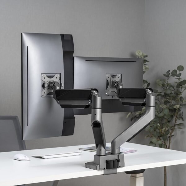 Jin Office Heavy Duty Dual Monitor Stand with Gas Spring Height Adjustment for 13-35" Monitors | Adjustable Double Monitor Arm | 2 Monitors Desk Mount | 15 KG Weight Capacity per Arm (Premium Silver)