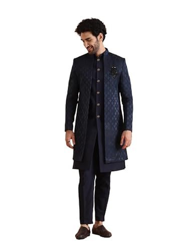 KISAH Mens Jacket Sherwani Trouser Set|Silk Blend Fabric Jacquard Pattern Indo-Western Sherwani Set for Men|Regular Fit Mandarin Collar Long Sleeves, Navy Blue, 42