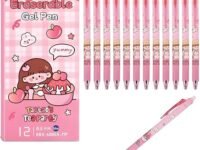 KRySt Retractable Gel Pens – 0.5 mm Smooth Writing Erasable Pens for Kids (Boys & Girls), Quick-Dry Blue Ink, School & Office Stationery Supplies, Pack of 12 (Kawaii Pens Pink)