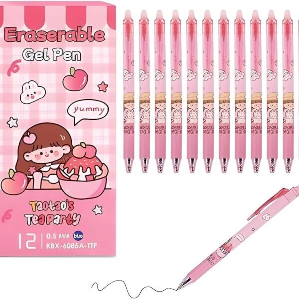 KRySt Retractable Gel Pens – 0.5 mm Smooth Writing Erasable Pens for Kids (Boys & Girls), Quick-Dry Blue Ink, School & Office Stationery Supplies, Pack of 12 (Kawaii Pens Pink)