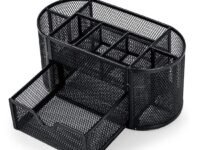 Kebica Metal Mesh Desktop Organizer Pen and Pencil Stationery Storage Holder for Home and Office Supplies (8 Compartment Plus Drawer)